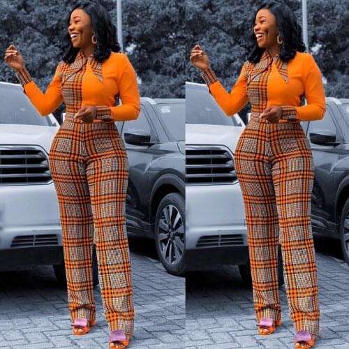 Autumn Africa Jumpsuits Women Bodycon Rompers Fashion Casual Plaid And Solid Orange Patchwork Bodysuit Islamic Clothing