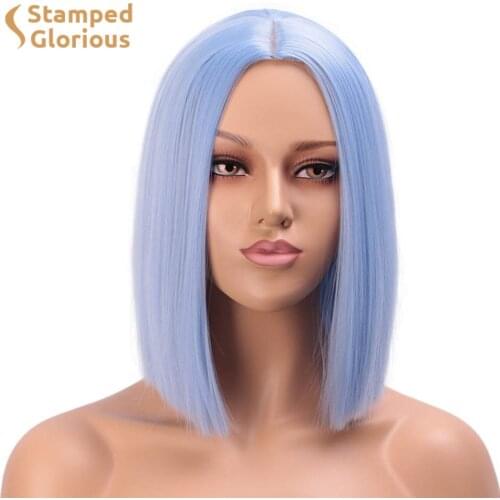 Stamped Glorious Short Bob Wig Synthetic Blue Cut Wig Middle Part Shoulder Length Hair Black Blonde Pink Red Wigs for Women