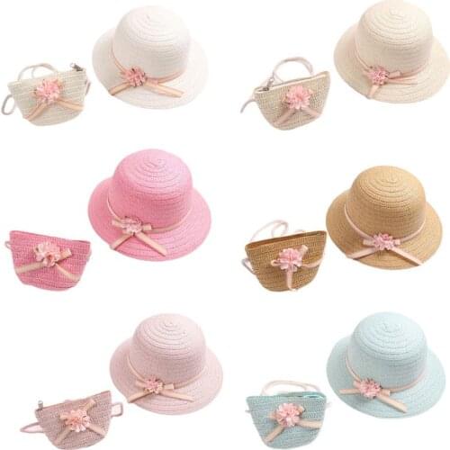 Baby Girls Straw Sun Visor Hat with Zipper Shoulder Bag Floral Bowknot Beach Hat