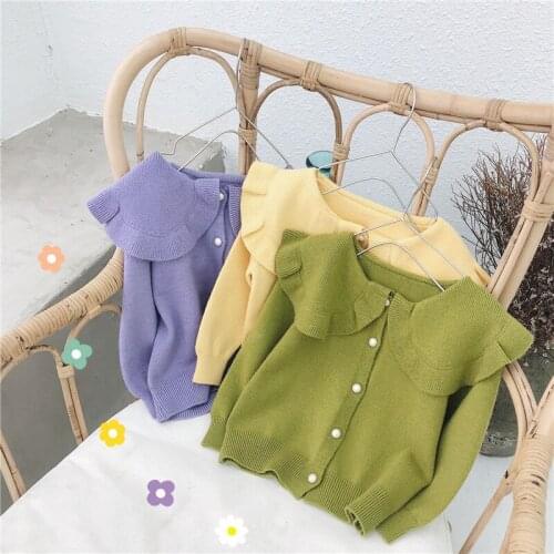 2 3 4 5 6 Ysweater For Girl Fashion Solid Color Ruffled Lapels Knit Cardigan Toddler Baby Clothes Korean Style Girls Sweaters