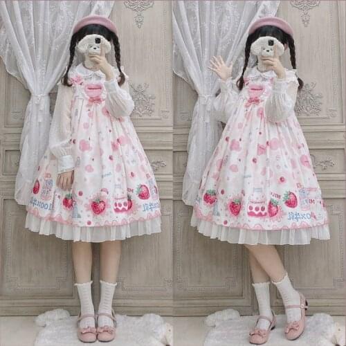 Sweet Lolita Jsk Strawberry Milk Print Dress Cute Dress Sleeveless Princess Tea Party Dresses Summer Clothing For Women Girl