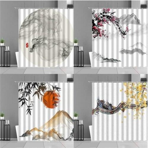 Chinese Style Shower Curtain Ink Painting Art Bathroom Hanging Curtains Home Decor Bath Screen Waterproof Polyester With Hooks