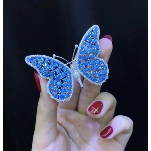 Blue color insect buttefly brooch pins 925 sterling silver blingbling fine women jewelry free shipping