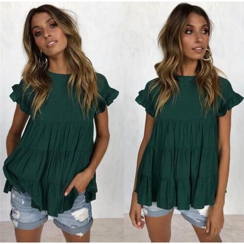 2020 Summer Fashion Loose-Fit Crew Neck Button Pleated Zou Flounced Short Sleeve White Light Blue Women Shirts
