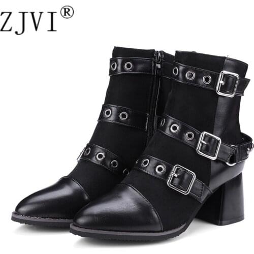 ZJVI Womens Ankle Boots Women Winter Autumn Buckle Boots 2020 Fashion Woman Sexy 6cm Square Heels Ladies Black Pointed Toe Shoes