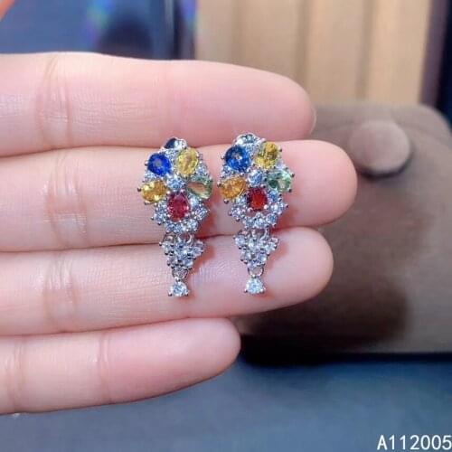 KJJEAXCMY Fine Jewelry 925 sterling silver inlaid natural colored sapphire female earrings Ear studs popular support test