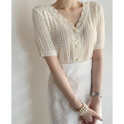 Korean Fashion White Knitting Tops Women Summer 2021 Beading Single Breasted Hollow Out High Quality Ladies T-Shirt Khaki