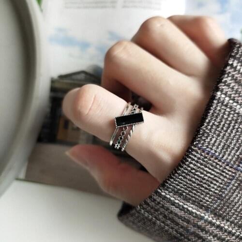 Kinel S925 Sterling Silver Jewelry Simple opening female personality Square ring vintage ring fashion stone ring women rings