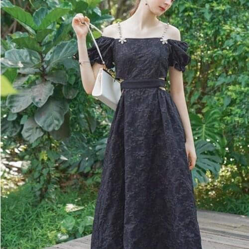 2021 Bubble Sleeve Summer For Women Dress Korean Sweet Vintage Evening Party Midi Ladies Black Sexy France Elegant Dress Clothes