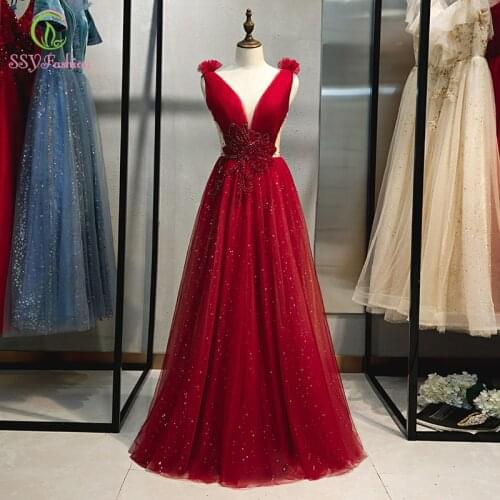 SSYFashion New Burgundy Long Evening Dress Banquet Elegant V-neck Appliques Sequins Beading Luxury Formal Gown Vestido De Noche