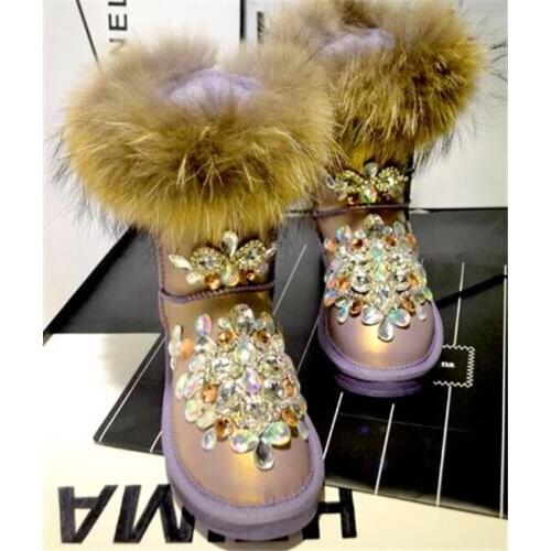Winter handmade leather fox fur in the tube snow boots fur one female boots glossy snow cotton