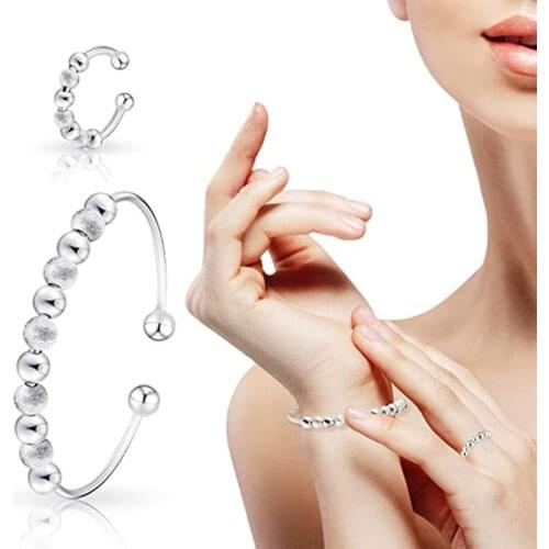 2 PCs Silver Anxiety Ring Bracelets for Women and Men Ring Bracelets Adjustable Beads Can Rotate Flexibly Ring Bracelet