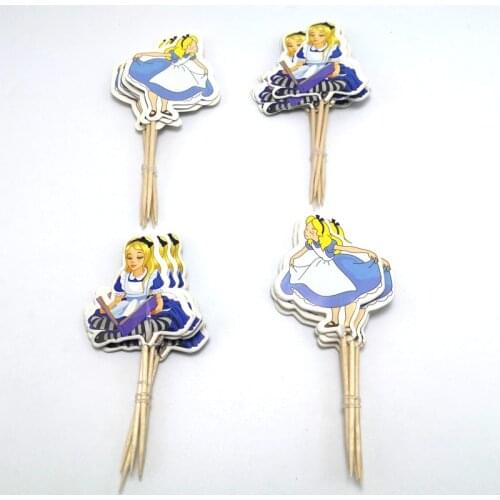Girls Kids Favors Alice in Wonderland Theme Decorate Cupcake Toppers with Sticks Baby Shower Birthday Party Cake Topper 24PCS