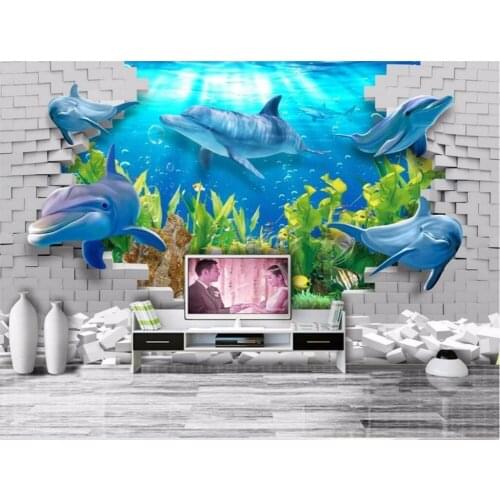 3d room wallpaper custom mural non-woven water world dolphins brick wall decoration painting photo wallpaper for walls 3 d