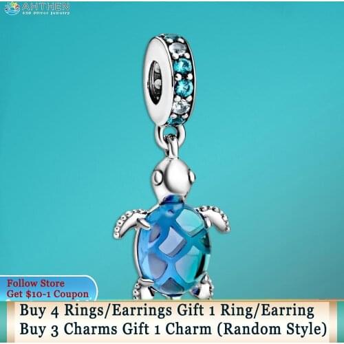 Ahthen 925 Sterling Silver Beads Murano Glass Sea Turtle Dangle Charm fit Original Pandora Bracelets Women Jewelry Girl Gift