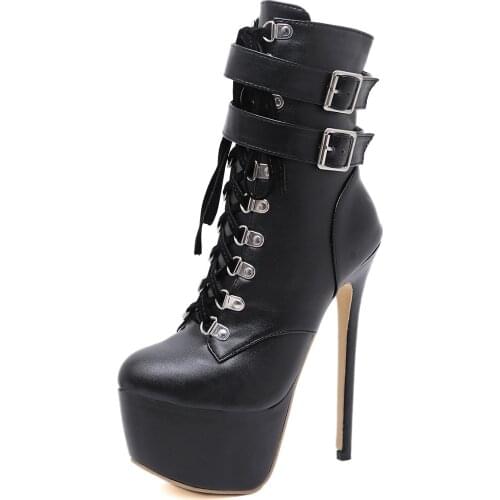 PU Leather High Heels Ankle Boots 16.5cm Pointed Toe Heels Autumn Winter Women Shoes Fashion Side Zip Black Platform Boots