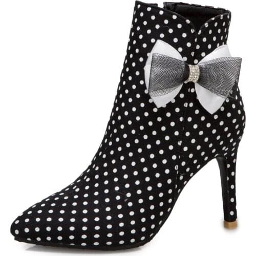 Oversize Cloth Polka Dot Pattern Bow Stiletto Ankle Boots Red Pointed High Heels Polka Dot White Simple And Cute Short Boots