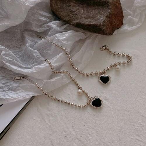 Minar Minimalist Stainless Steel Black Color Love Heart Simulation Pearl Bracelets for Women Fashion Beaded Bracelets Jewellery