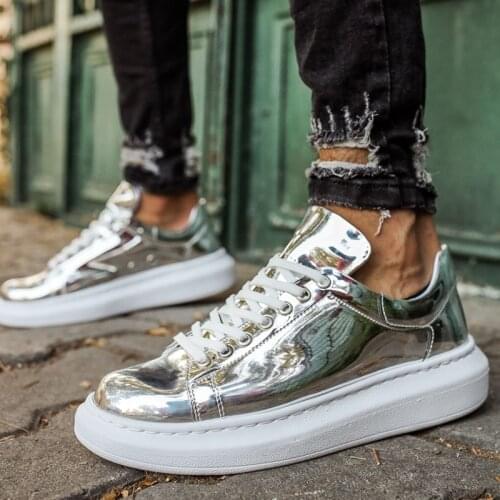 Chekich Mens Shoes Silver Polished Artificial Leather Lace Up Luxury High Quality Spring Summer Gray Mirror Comfortable Fashion Wedding Casual Orthopedic Walking Sport Lightweight Sneakers Running Breathable CH260 V1