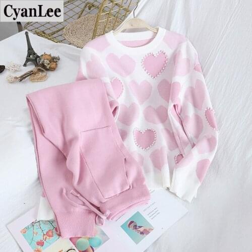 Cyanlee Hot Sale Spring Fall Fashion Sweet Love Print Beading Pullover Tops+Double Pocket Lace Up Trousers Knit 2 Pcs Set Women