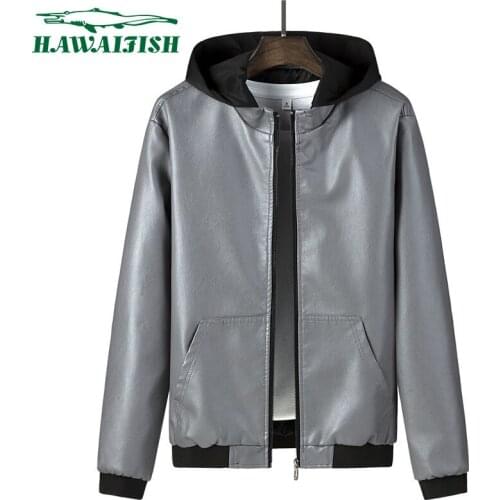 Hawaifish brand mens leather coat autumn slim Korean handsome trend hot sale hooded casual motorcycle wear PU leather jacket