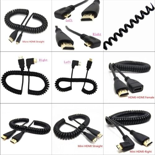 HDMI to Right & Left Angle Mini HDMI & HDMI & Micro HDMI male to male stretch Spring Curl Flexible Cable V1.4 DSLR 0.5M/1.5M