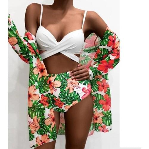 3Pcs Sexy Bikinis Set Women Swimsuit Push up Padded Tops Bras+High Waist Briefs+Cloak Coat Swimwear Women bikinis 2021 mujer
