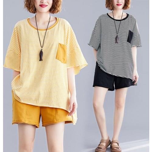 Big Size Set Womens 2021 New Summer Casual Cotton Striped Round Neck T-shirt And Solid Shorts Pants Female Two Piece Suit aq515