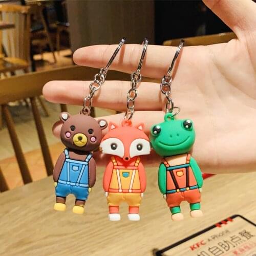 PCV Soft Plastic Bear Fox Frog Keychain Three-dimensional Cartoon Doll Cute Bear Bag Pendant Car Key Ring Girl Party Gift