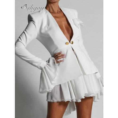 Ailigou Sexy Ladies Deep V-Neck Solid Color Dress Autumn Long-Sleeved Ruffled Mini Dress Elegant Female Button Party Dress