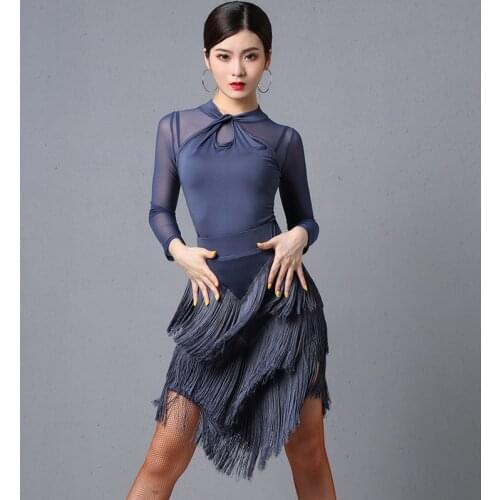 Latin Dance Dress For Women Long Sleeve Tops Fringe Skirt Ballroom Dance Competition Dress Rumba Samba Tango Dancewear DQL3034