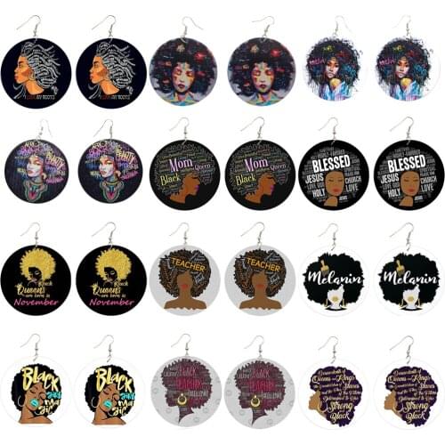 QIAOHE 12 Pairs Black Female Roots Manager African Wood Drop Earrings Inspire Proverb Art Printed Round Loops Gifts for Women