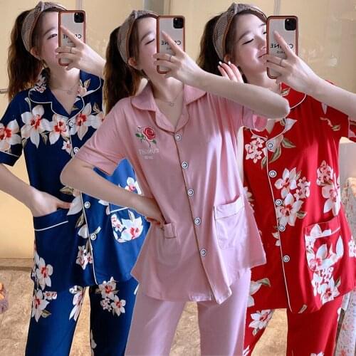Plus Size Cotton Short Sleeve Long Pants Pajama Sets for Women 2021 Summer Floral Sleepwear Pyjama Homewear Pijama Mujer Clothes