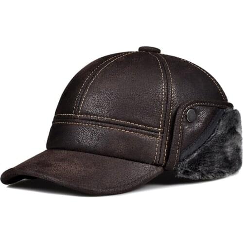 Male Winter Genuine Leahter Suede Bomber Hat Man Nubuck Thick Head Keep Warm Dome Caps Elder Black/Brown sewing Fitted Gorras