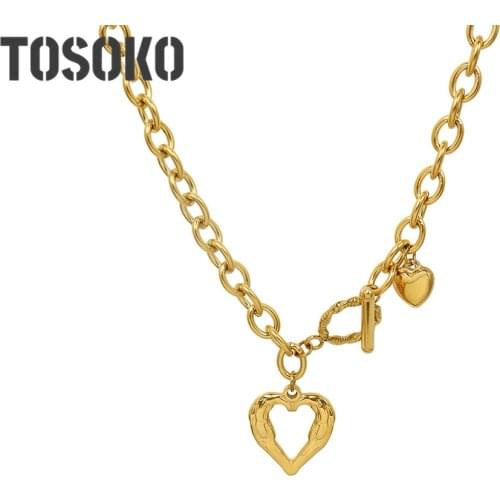 TOSOKO Stainless Steel Jewelry Peach Heart Love Necklace Womens Fashion OT Button Clavicle Chain BSP1045