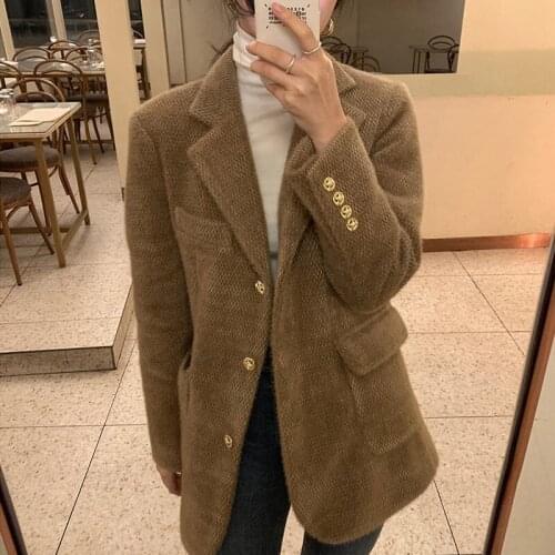 Vintage Autumn and Winter Sweater Blazer Suit Jacket Thickening Imitation Mink Woolen Coat Women Three Button Warm Outwear y177
