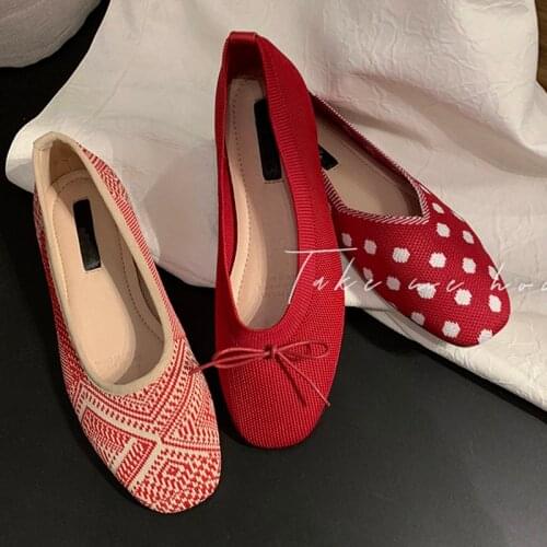 Square toe shallow knitting flats shoes 3 styles bow-knot/polka dot/ethnic ballet flats shoes casual lazy slip-on loafers women