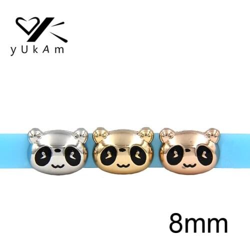 YUKAM Jewelry Sliders 8mm Cute Enamel Animal Bear Panda Head Slide Charms Keeper for Mesh Keeper Bracelet DIY Accessories Making