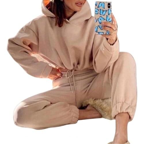 Women Sets Casual Fashion New 2021 Hoodie Pants Set Hooded Drawstring Solid Color Crop Top Sweatshirt Sweatpants for Daily Wear