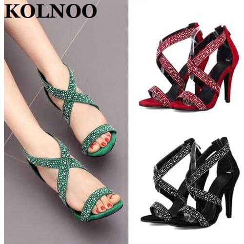 KOLNOO Handmade New Stiletto High Heels Sandals X-Straps Rhinstones Open-Toe Sexy Evening Party Prom Fashion Summer Shoes T302