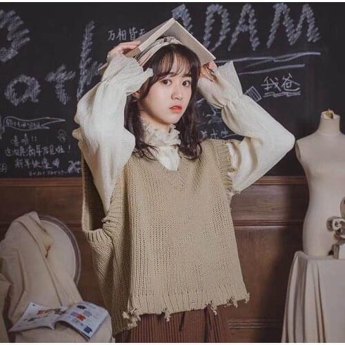Casual Tank Tops Women Autumn 2020 Japanese Mori Girl Vintage Ripped Hole V Neck Knitted Sweater Vest Sleeveless Pullover T503