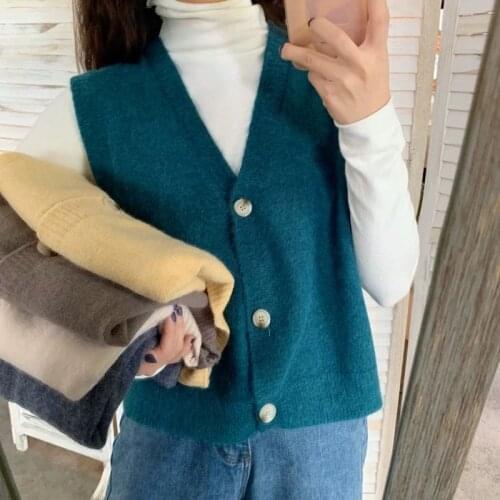 2020 Autumn Korea Style Women Sweater Vest Sleeveless Knitted Tops Basic V Neck Twisted Knitting Single Breasted Cardigans J326