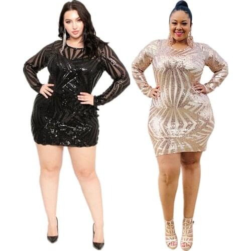 Winter Women Long Sleeve Dresses Bodycon Party Night High Waist Mesh Sexy Dress Wholesale Dropshipping Plus Size Sequin Dress