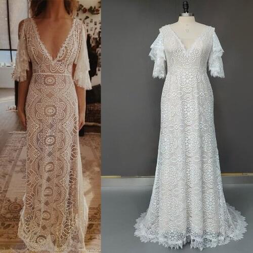 11189#V-Neck Flare Sleeve Bridal Dress Sweep Train Lace Bohemian Boho Beach Wedding Dress Wedding Gown Bridal Gown