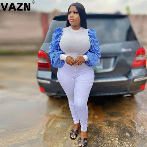 VAZN 2020 Autumn Hot Popular Fresh Clear Patchwork Energy Daily Young Sexy Joker Turtleneck Full Sleeve Women Short Skinny Tees