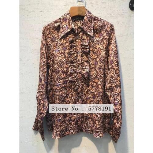 2021 SS Brown Floral Print women blouse shirt Viscose Button UP Ruffled Front Long Sleeves Fashion Tops
