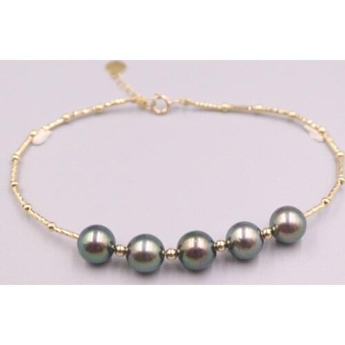Au750 Real 18K Yellow Gold Bracelet For Women Female Natural Tahitian Pearl 7mm Ball Gold Beads Bracelet 17cmL with Extend Chain