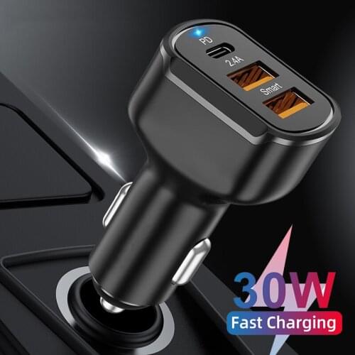 Quick Charge Car Adapter 30W 3 Ports USB Type C Charger With LED Charging Indicator For iPhone 12/12 Pro Max Xiaomi 11 10 Redmi