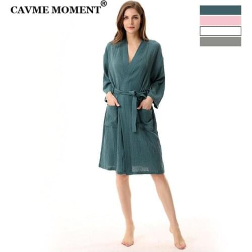 CAVME 2019 Thin PURE Cotton Bathrobe for Couples Summer PLUS SIZE Waffle Robes Solid Color Double Layers Cotton