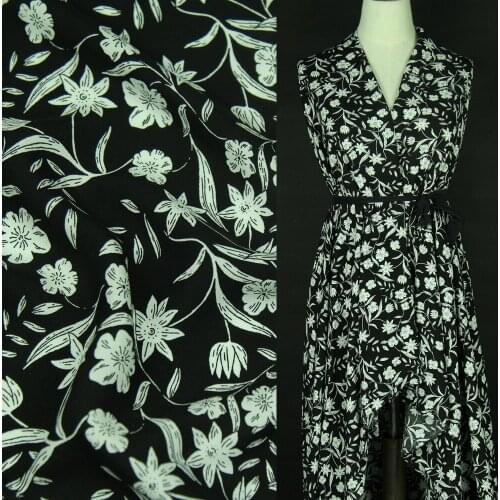 White floral on black background rayon cotton fabric spun rayon fabric,RCT024